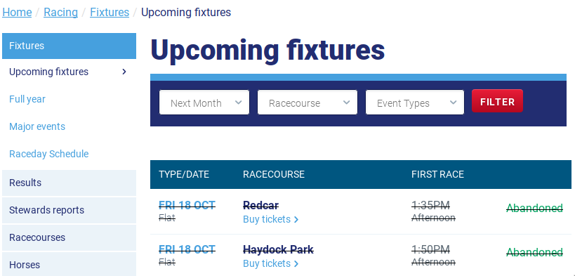 Kalender der Website des British Horse Racing Boards